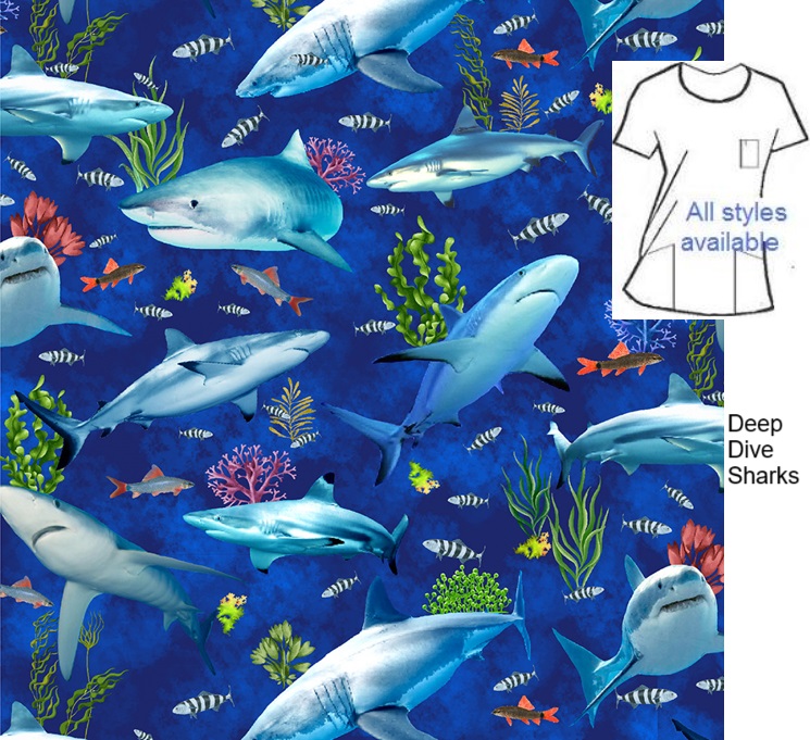 AO11424 - Deep Dive Sharks animal print scrubs