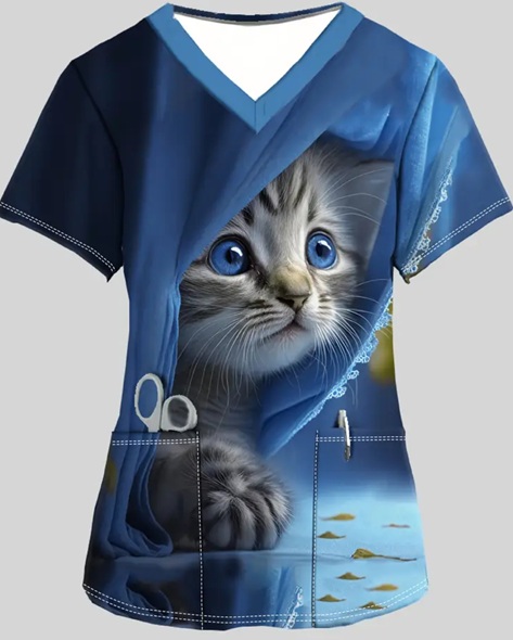 WSKS13 - Stretchy Knit Blue Cat Scrubs