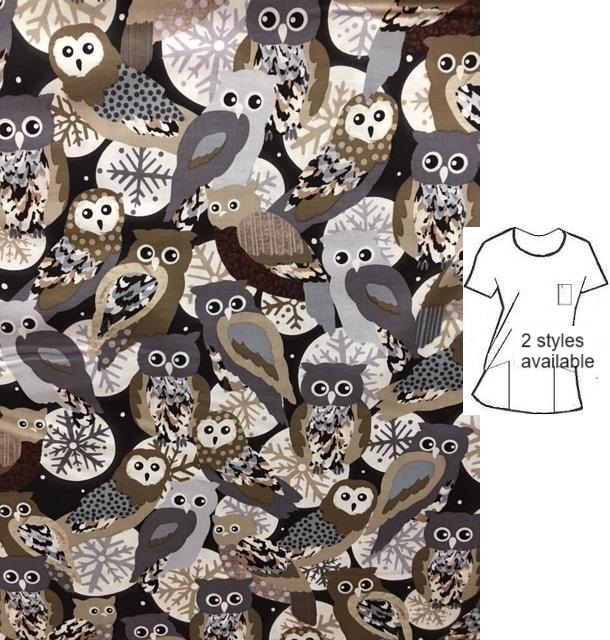 feathered fantasia scrub tops with owls